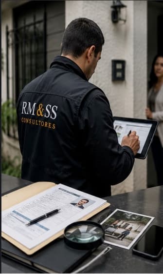 Profesional revisando información en una visita domiciliaria.